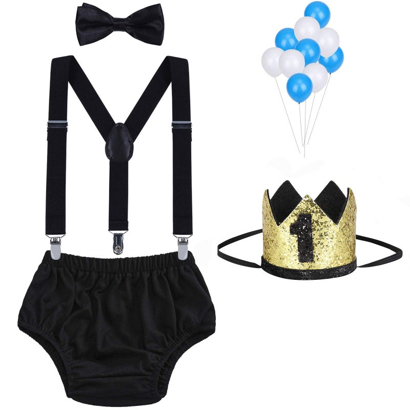 WELROG Baby Boys First Birthday Cake Smash Outfit Bow Tie Suspenders Bloomers Birthday Hat Sparkle Gold Set (Black) - Image 1